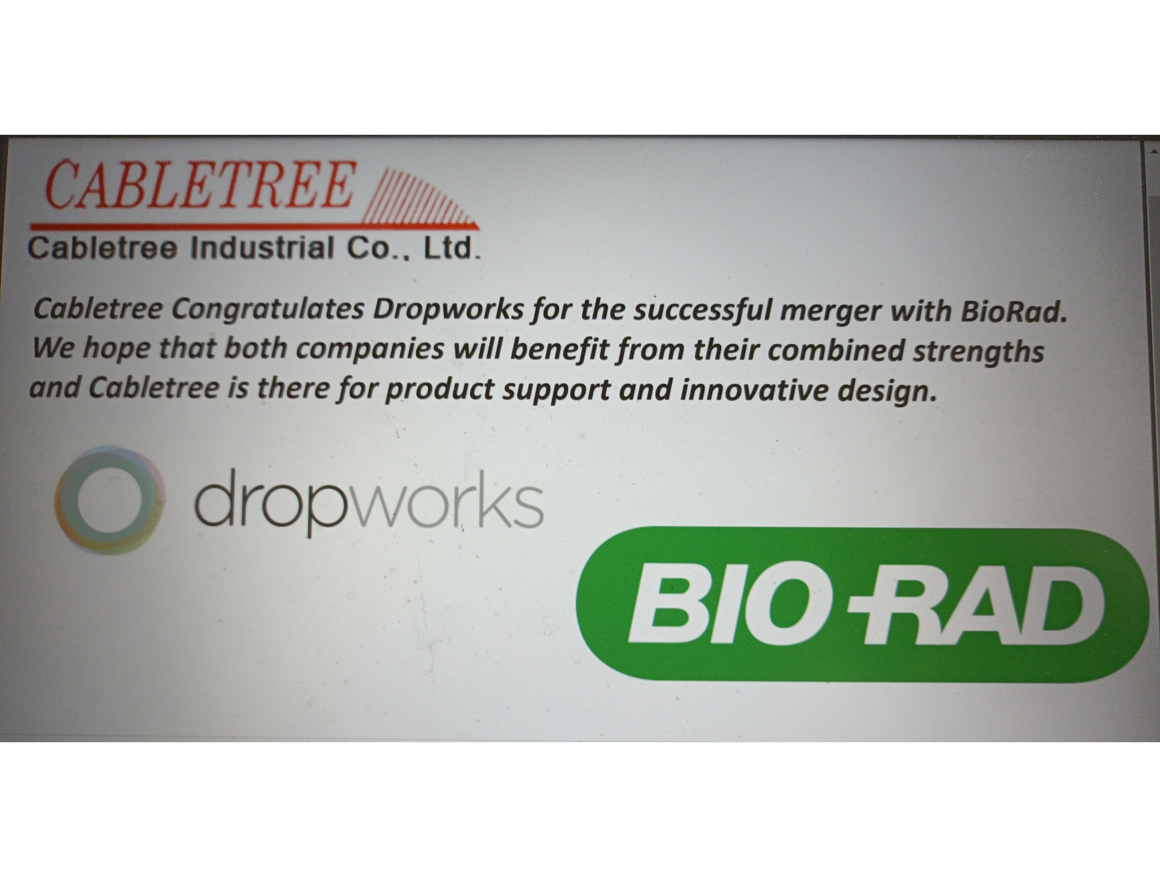 Cabletree Congratulates Dropworks on their successful Merger with Bio-Rad